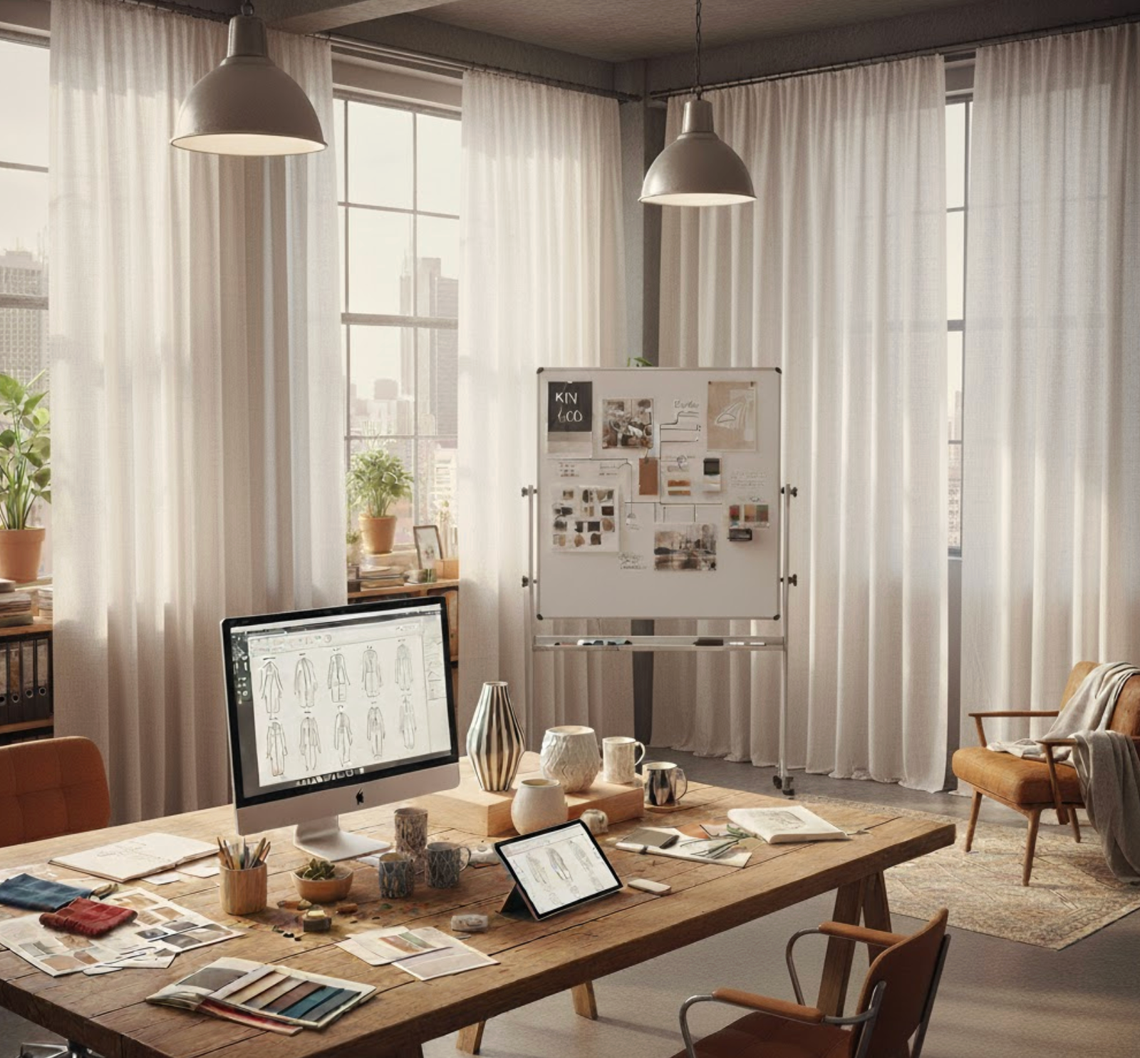 A bright and professionally styled design studio that evokes creativity across multiple disciplines. The image shows a workspace with materials for Apparel Design (sketches on screen), Interior Design (mood board with room photos), and Brand Identity (color palettes and logos). Natural light comes through curtained loft windows overlooking a cityscape.