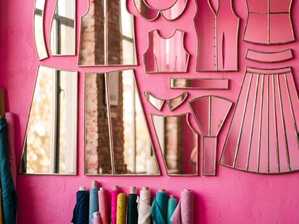 apparel design studio wall with clothing pattern pieces as mirrors